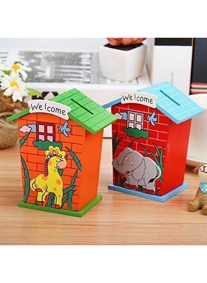 GOLD LEAF Return Gift Piggy Bank Wood House Animal Designs (1J251) - Pack of 6, Cottage, Multi-Coloured