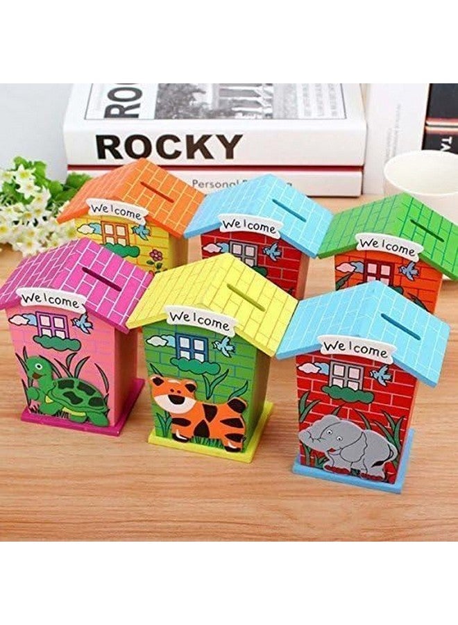 GOLD LEAF Return Gift Piggy Bank Wood House Animal Designs (1J251) - Pack of 6, Cottage, Multi-Coloured