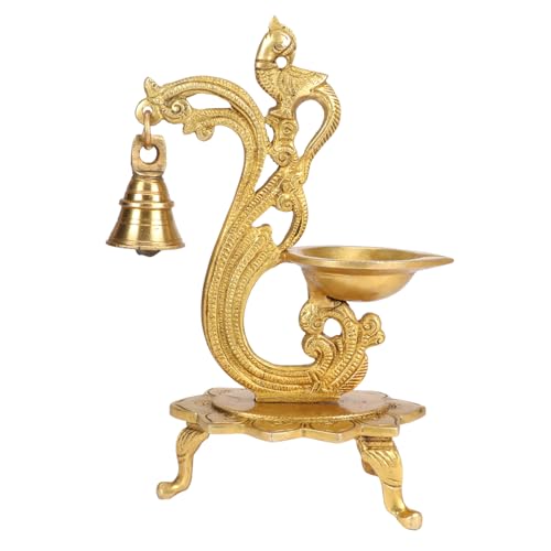 Kartique Brass Peacock-Theme Bell Diya (Gold_3 Inch X 5 Inch X 8 Inch) - Image 1