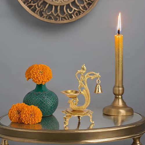 Kartique Brass Peacock-Theme Bell Diya (Gold_3 Inch X 5 Inch X 8 Inch) - Image 2