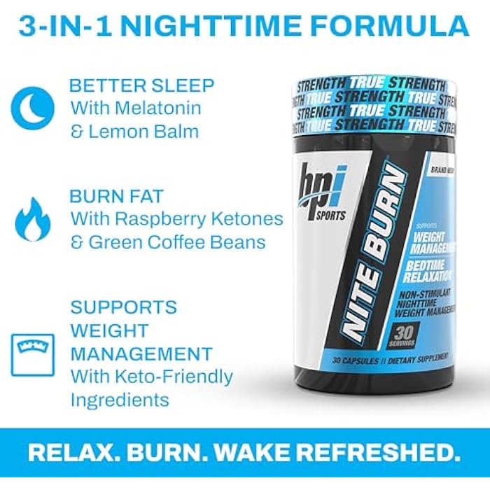 BPI Sports Nite burn – Nighttime Fat Burner & Sleep Support – Keto-Friendly – Weight Loss, Burn Fat, Relaxation, Boost Metabolism – 30 servings – 640mg - Image 2