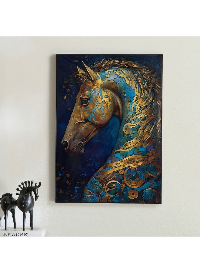 Home Box صورة فنية مؤطرة لخيول - ذهبية وزرقاء - 50x70 سم - Image 1