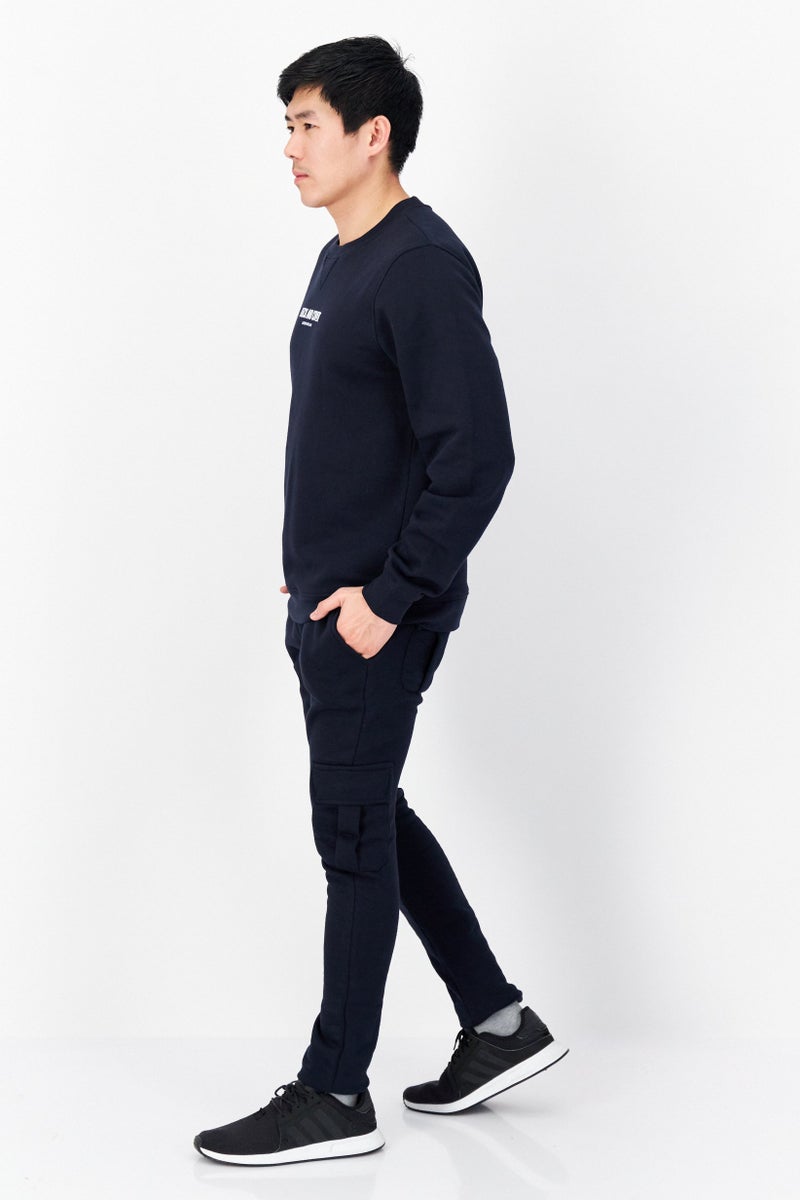 DUCK AND COVER Men 2 Pcs Crew Neck Brand Logo Sweatshirts And Cargo Jogger Pant, Navy Blue - Image 4