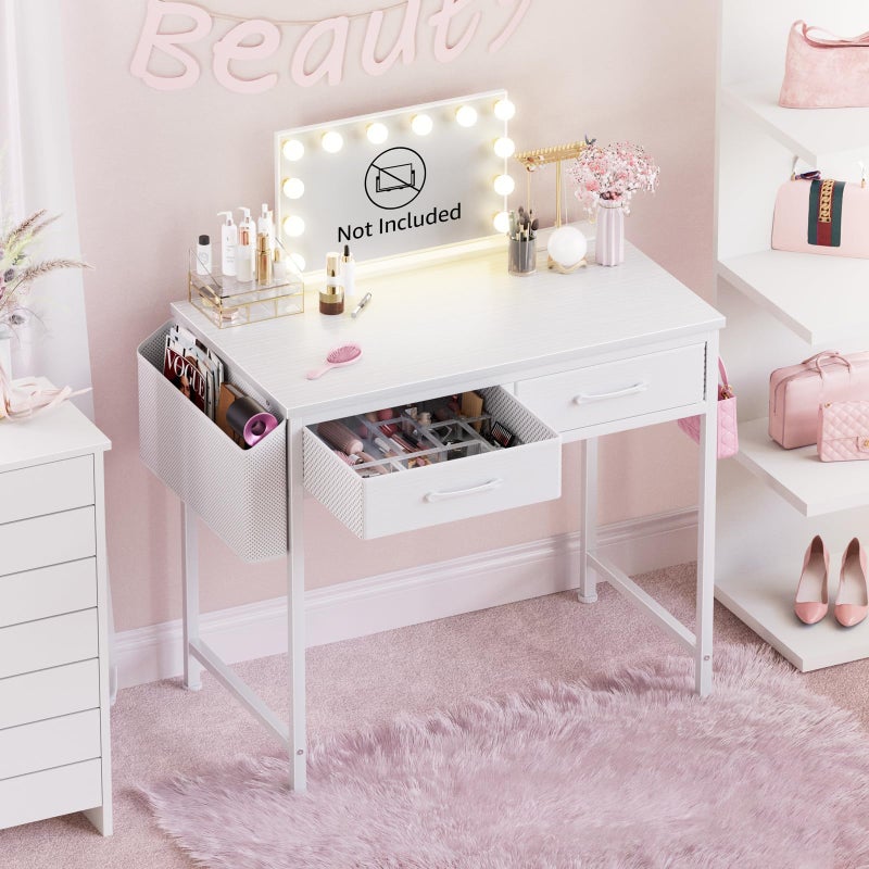 DLisiting White Small Desk with Fabric Drawers  32 Inch Vanity Desk with Storage Drawer and Bag for Bedroom Study Writing Table for Small Spaces White