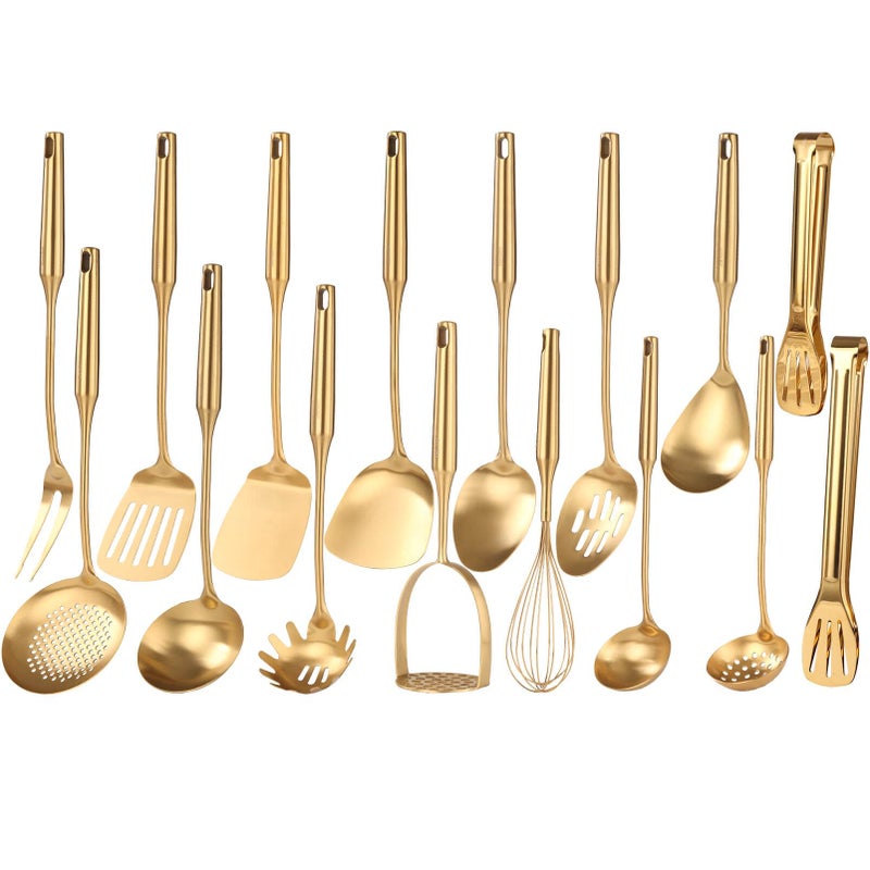 Standcn Gold Cooking Utensils Set - 18/10 Stainless Steel Small and Large Spoons Set, 16 PCS All Metal Kitchen Tools, Serving Utensils - Whisk, Masher, Fork, Tongs, Spatula, Turner, Ladle, Skimmer, Pasta - Image 1