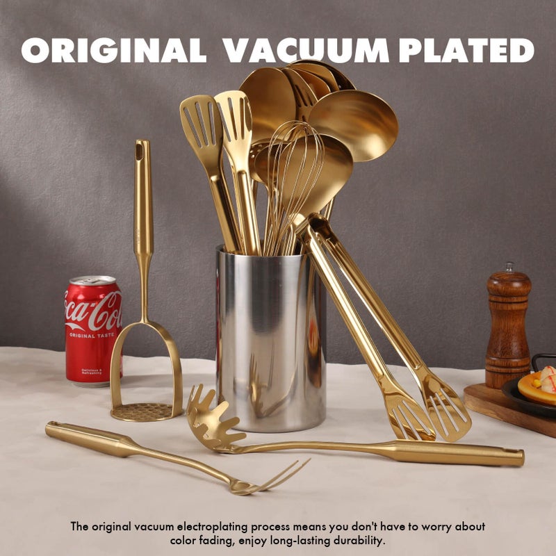 Standcn Gold Cooking Utensils Set - 18/10 Stainless Steel Small and Large Spoons Set, 16 PCS All Metal Kitchen Tools, Serving Utensils - Whisk, Masher, Fork, Tongs, Spatula, Turner, Ladle, Skimmer, Pasta - Image 5