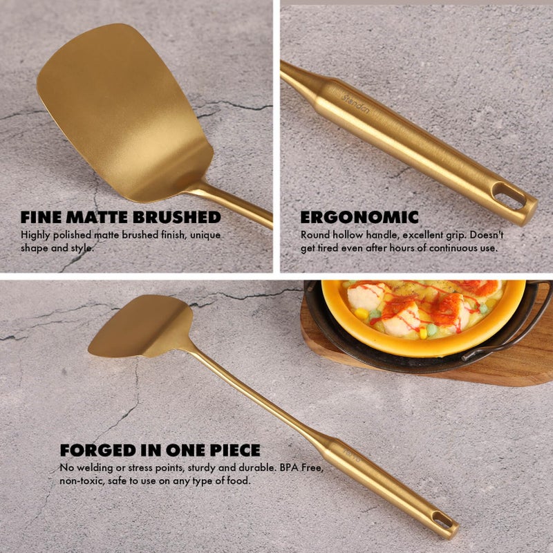 Standcn Gold Cooking Utensils Set - 18/10 Stainless Steel Small and Large Spoons Set, 16 PCS All Metal Kitchen Tools, Serving Utensils - Whisk, Masher, Fork, Tongs, Spatula, Turner, Ladle, Skimmer, Pasta - Image 4