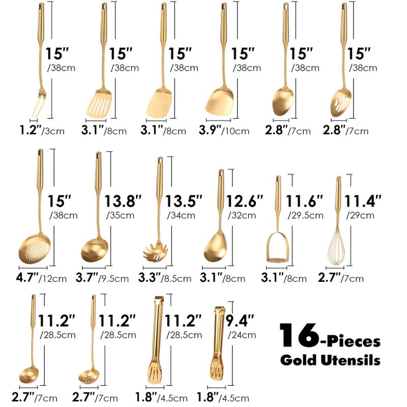 Standcn Gold Cooking Utensils Set - 18/10 Stainless Steel Small and Large Spoons Set, 16 PCS All Metal Kitchen Tools, Serving Utensils - Whisk, Masher, Fork, Tongs, Spatula, Turner, Ladle, Skimmer, Pasta - Image 2