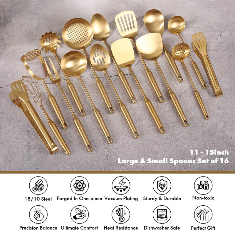 Standcn Gold Cooking Utensils Set - 18/10 Stainless Steel Small and Large Spoons Set, 16 PCS All Metal Kitchen Tools, Serving Utensils - Whisk, Masher, Fork, Tongs, Spatula, Turner, Ladle, Skimmer, Pasta - Image 3