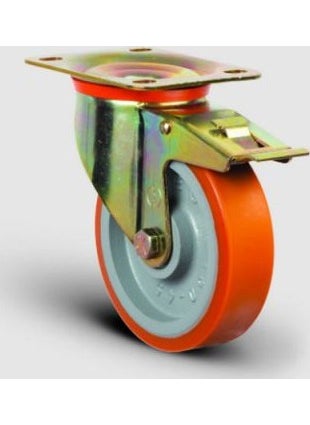 Emes Plate Mounted, Bushed, Polyurethane Medium Industrial Wheel with Spherical Brake Diameter: 125 - Ez01 Vkp 125F 