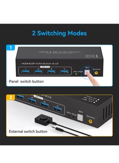 KASTWAVE مفتاح KVM بمنفذ HDMI+Displayport بدقة 8K@60Hz وشاشتين وجهاز كمبيوتر ومفتاح KVM بمنفذ USB 3.0 وشاشتين وجهازين كمبيوتر ومشاركات متعددة للشاشات و4 أجهزة USB ووحدة تحكم سلكية ومحول تيار مستمر وكبلين USB متضمنين  - Image 5