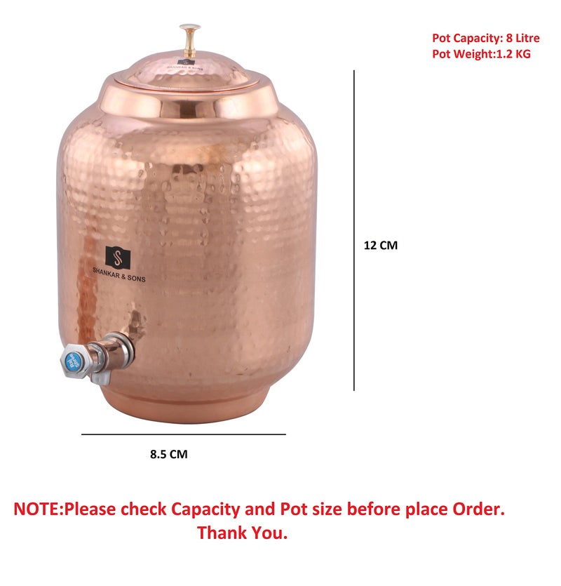 Shankar and Sons™ Hammered Design Copper Dispenser/Matka/Pot/Container/Tank for Water Storage (8 Litre with 1 Glass) - Image 3