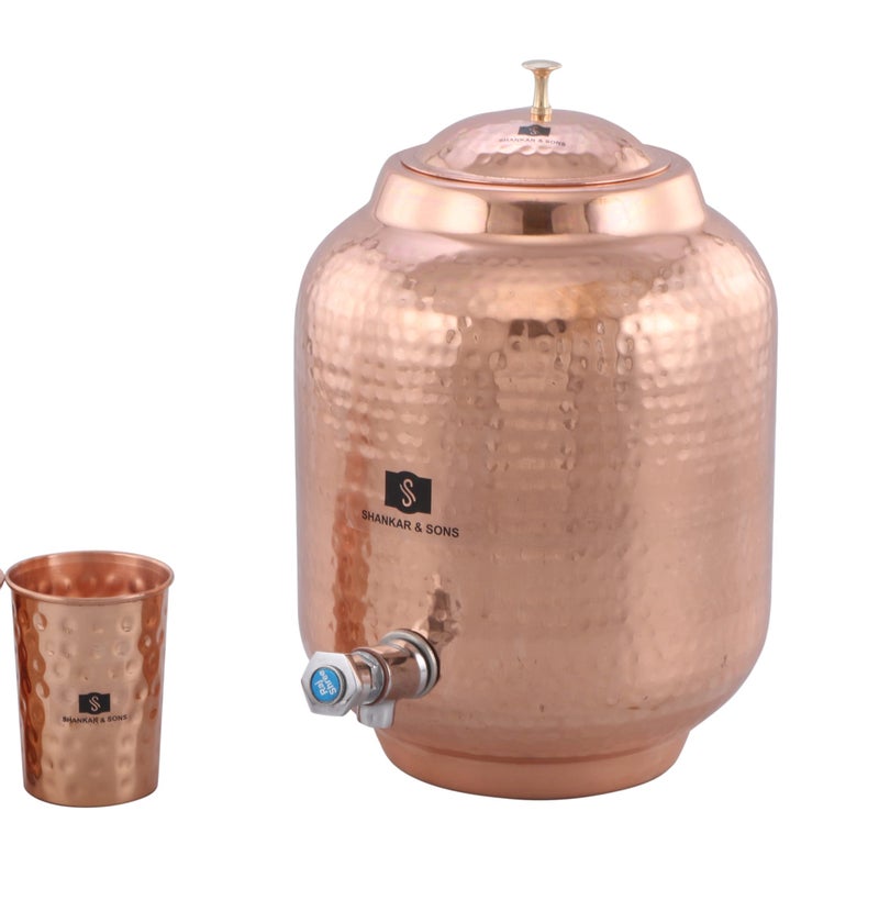 Shankar and Sons™ Hammered Design Copper Dispenser/Matka/Pot/Container/Tank for Water Storage (8 Litre with 1 Glass) - Image 1