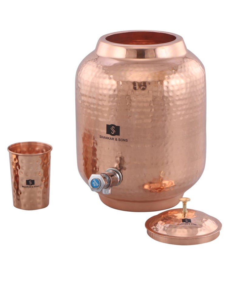 Shankar and Sons™ Hammered Design Copper Dispenser/Matka/Pot/Container/Tank for Water Storage (8 Litre with 1 Glass) - Image 2