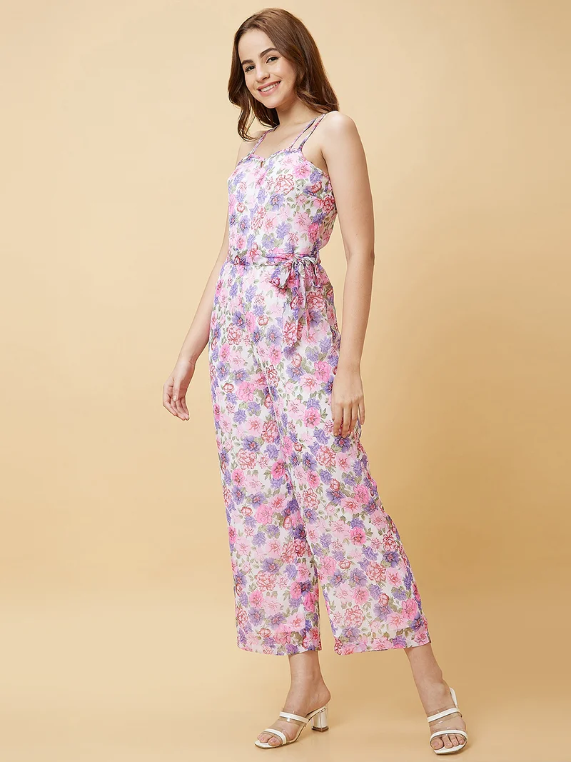 globus Women Pink & Purple Floral Printed Waist Tie-Ups Basic Jumpsuit