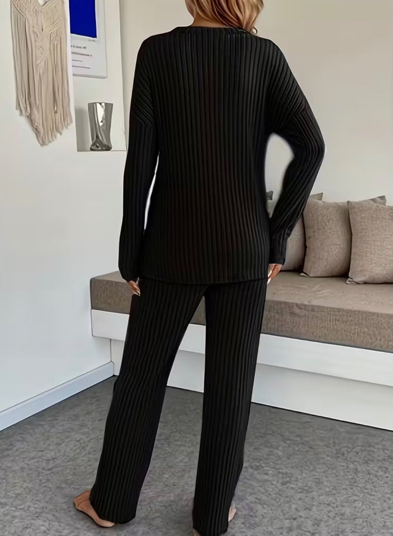 SOLOBUY Women's pajama set, Soft and Comfy, Color Black, Long Sleeve, Pants - Image 2