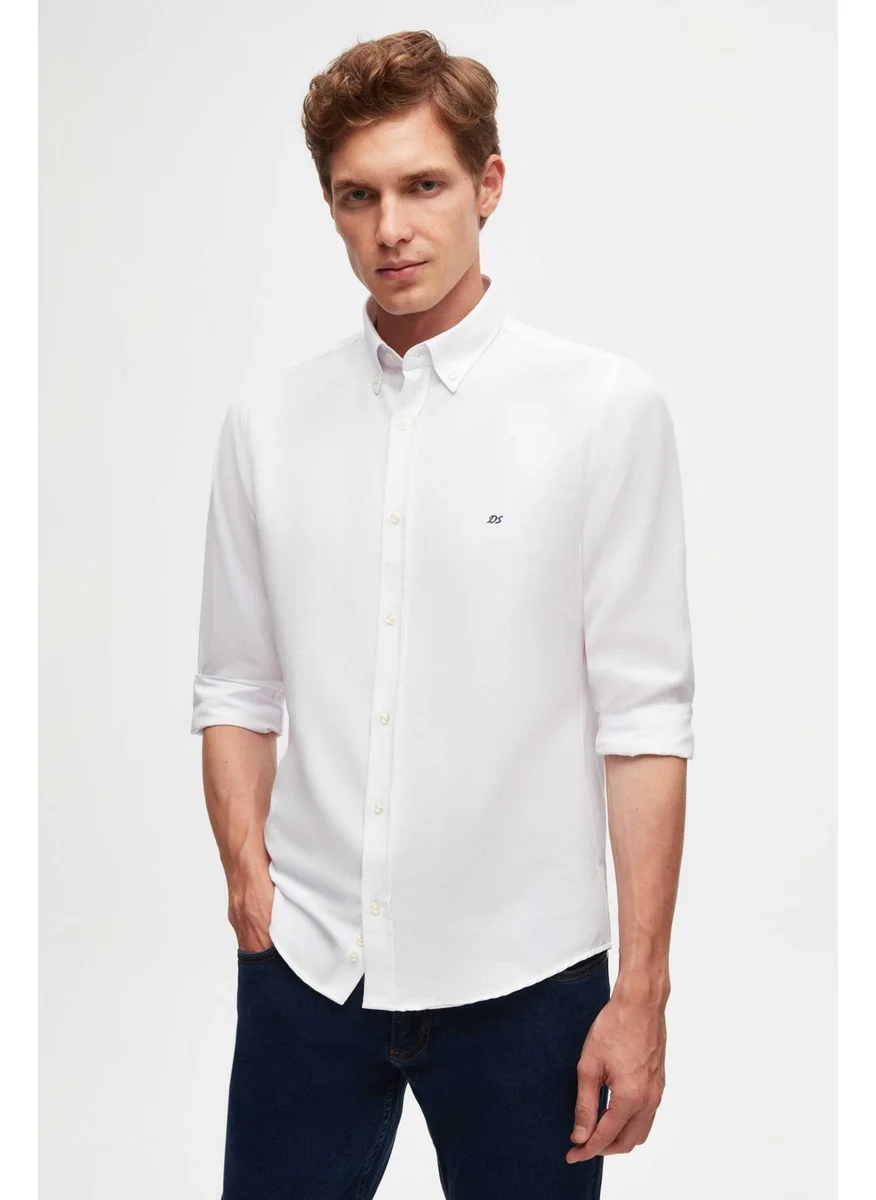 دي أس دامات Slim Fit White Oxford Button-Down Collar Easy Iron Embroidered Detailed Cotton Shirt 4HC02ORT03265