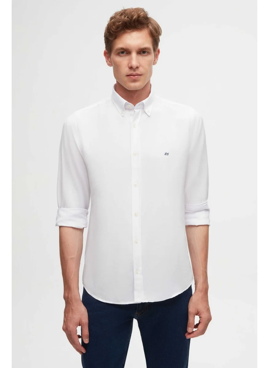 دي أس دامات Slim Fit White Oxford Button-Down Collar Easy Iron Embroidered Detailed Cotton Shirt 4HC02ORT03265