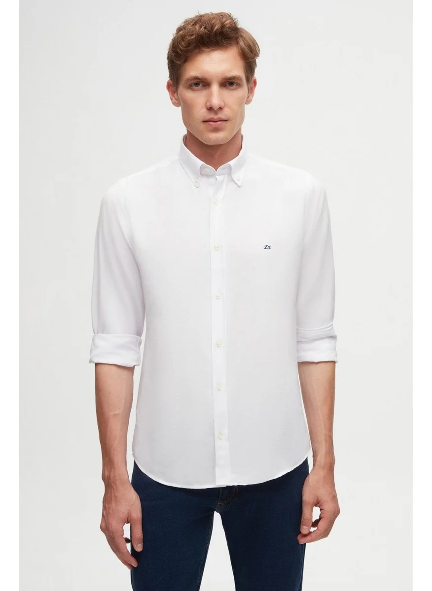 D'S DAMAT Slim Fit White Oxford Button-down Collar Easy Ironable Embroidered Detailed Cotton Shirt 4HC02ORT03265