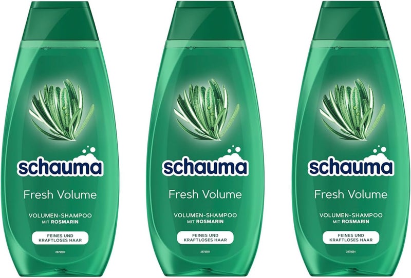 Schauma Volume Shampoo Fresh Volume 3 x 400 ml Hair Shampoo Refreshes and Strengthens the Hairline Shampoo for Fine and Weak Hair with Rosemary