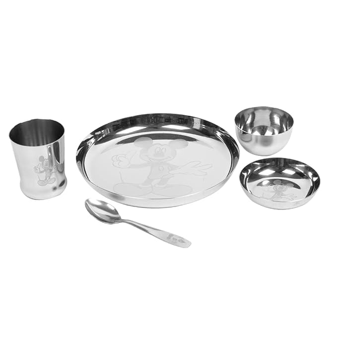 Next One Step Forward Lasered Stainless Steel Dinner Set for Boys and Girls - Set Includes 1 Plate, 1 Curry Bowl, 1 Dessert Plate, 1 Tumbler & 1 Spoon | Set of 5 Piece - Image 4