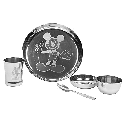 Next One Step Forward Lasered Stainless Steel Dinner Set for Boys and Girls - Set Includes 1 Plate, 1 Curry Bowl, 1 Dessert Plate, 1 Tumbler & 1 Spoon | Set of 5 Piece - Image 1