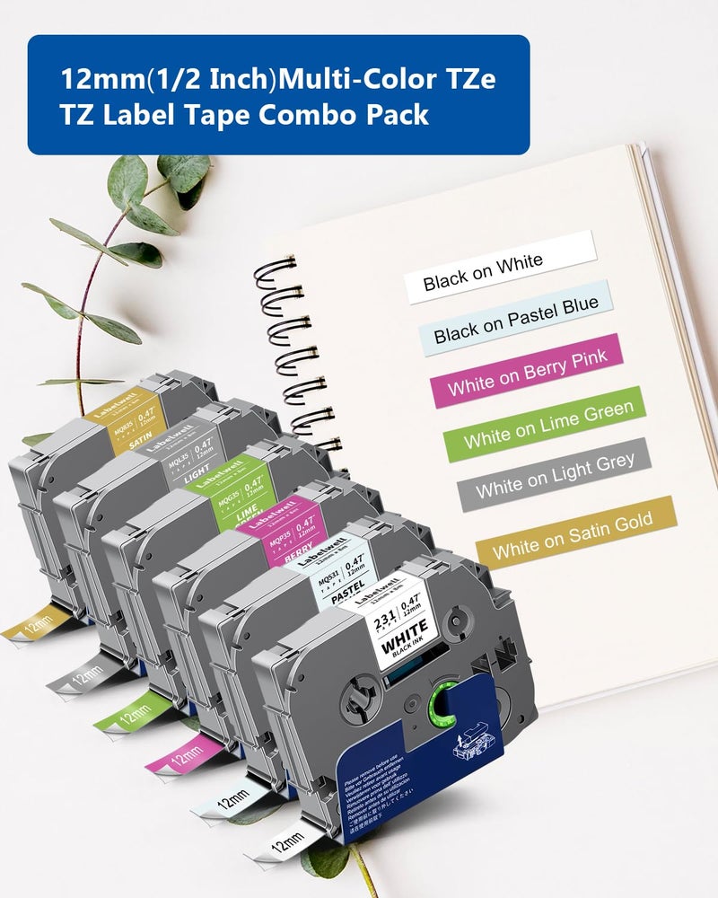 Labelwell 6-Pack 12Mm 0.47 Laminated Multi Color Replacement For Brother Tze-231 Tze231 Mq531 Mqp35 Mqg35 Mql35 Mq835 Tz Tape For P Touch Pt-H110 D210 D220 D400  White/Blue/Blue/Green/Sliver/Gold - Image 2