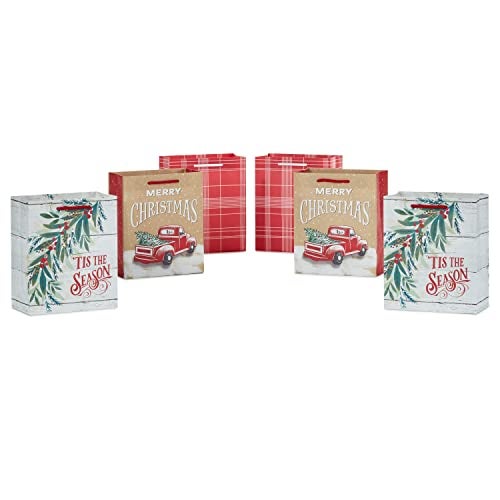 Hallmark 6 Small Rustic Christmas Gift Bag Bundle 6 Bags Red Truck Tis the Season Red and White Plaid for Gift Cards Teacher Presents Holiday Party Favors - Image 1