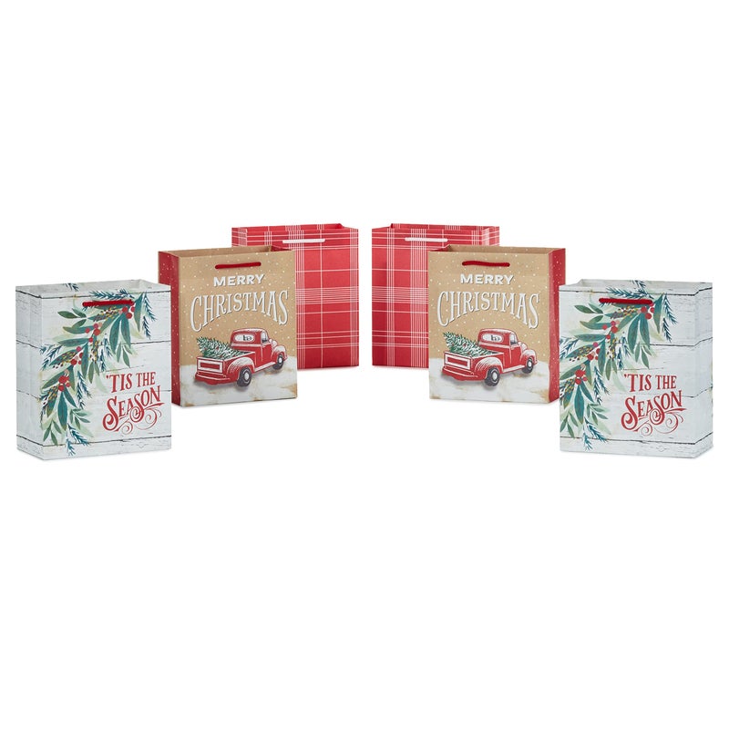 Hallmark 6 Small Rustic Christmas Gift Bag Bundle 6 Bags Red Truck Tis the Season Red and White Plaid for Gift Cards Teacher Presents Holiday Party Favors - Image 2