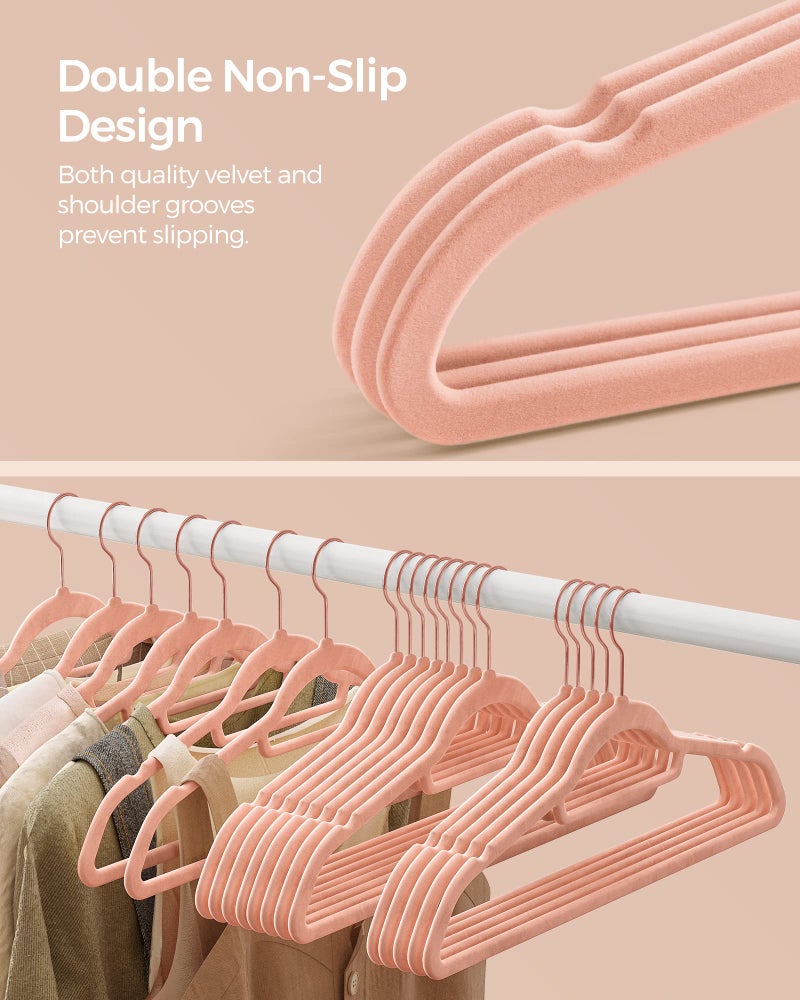 SONGMICS Velvet Hangers, Set of 50 Clothes Hanger with Rose Gold Swivel Hook, Non-Slip, and Space-Saving, 0.2-Inch Thick, 17.1-Inch Long for Coat, Shirt, Dress, Pants, Tie, Coral Pink UCRF21PK50 - Image 3