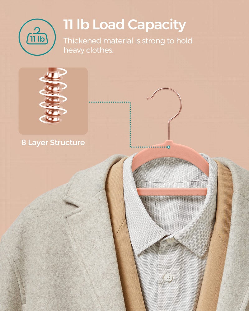 SONGMICS Velvet Hangers, Set of 50 Clothes Hanger with Rose Gold Swivel Hook, Non-Slip, and Space-Saving, 0.2-Inch Thick, 17.1-Inch Long for Coat, Shirt, Dress, Pants, Tie, Coral Pink UCRF21PK50 - Image 4