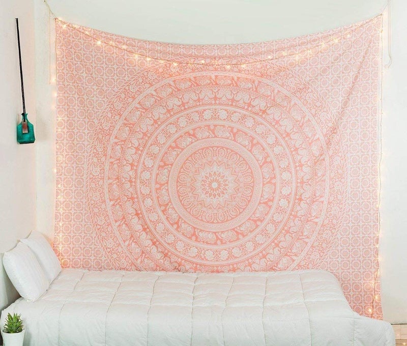 Popular Handicrafts Popular Handicrafts Wall Hanging Tapestry for Bedroom Hippie Mandala Bohemian Tapestry Floral Design Indian Magical Thinking Tapestries Dorm Decor 84 x 90 Inches 215cm x 230cm Rose Gold 