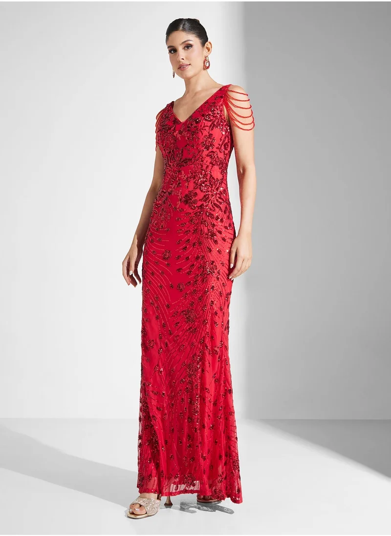 Little Mistress Embelished Shoulder Drape Detail Sleeveless V-Neck Fishtail  Dress
