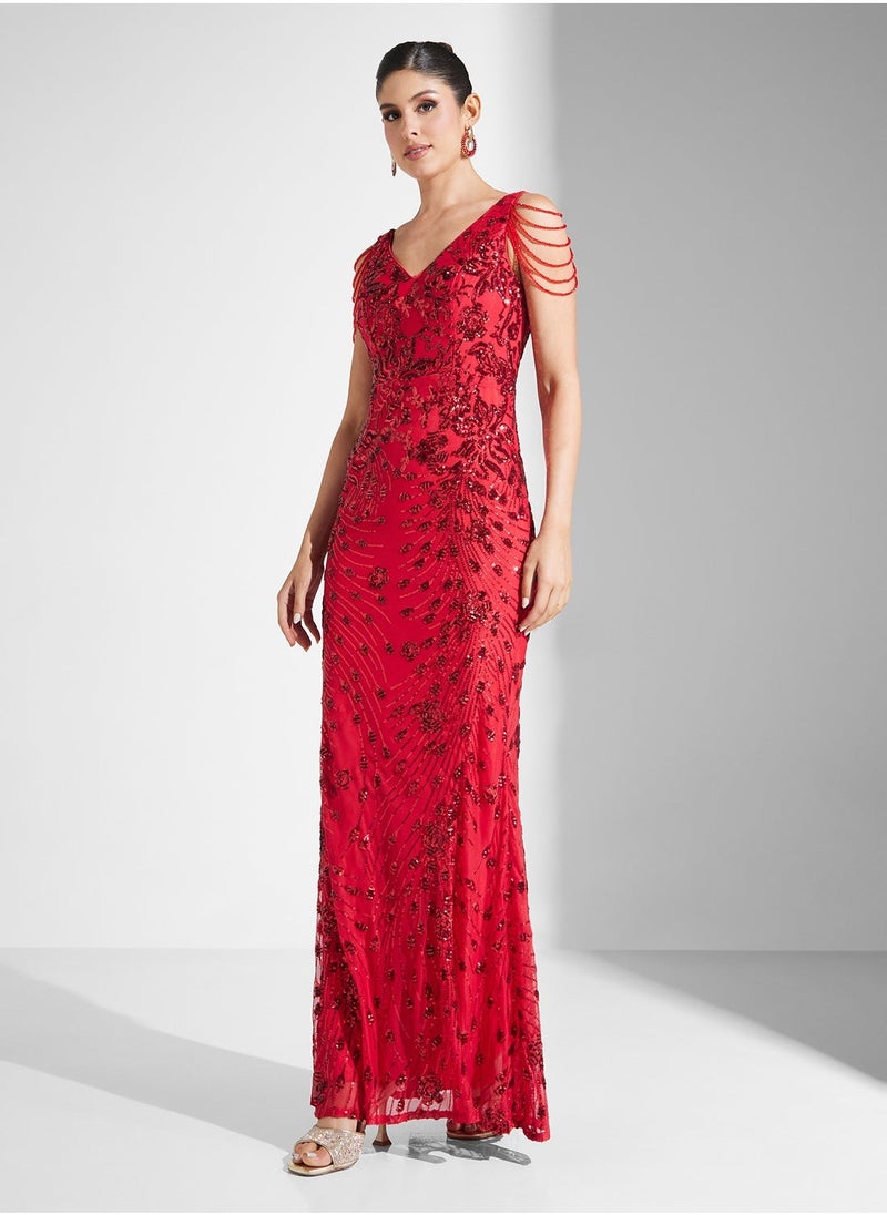 Little Mistress Embelished Shoulder Drape Detail Sleeveless V-Neck Fishtail  Dress  - Image 1
