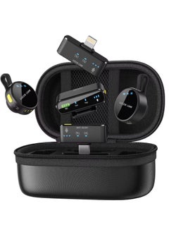 Green Lion GM-85X 3-in-1 Wireless Microphone with 360° Omnidirectional, Type-C and Camera and Lightning Devices, Reverb Mode, 20-40m Transmission Range, 6 Hours Working Time, 28 Hours Case Battery Life, Type-C Charging Port, 120 Minutes Charging Time, LED Display - Black