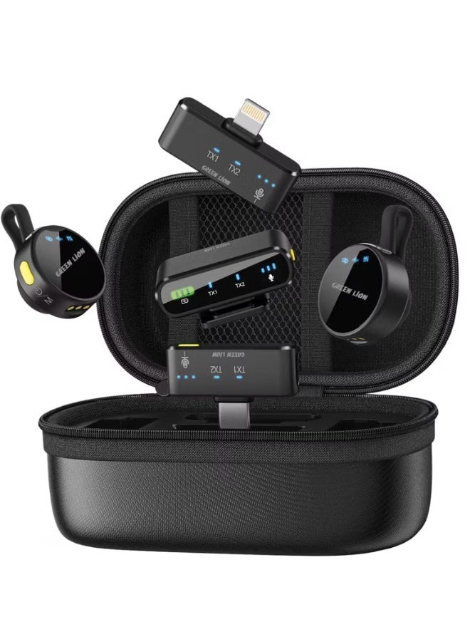 GREEN LION - Green Lion GM-85X 3-in-1 Wireless Microphone with 360° Omnidirectional, Type-C and Camera and Lightning Devices, Reverb Mode, 20-40m Transmission Range, 6 Hours Working Time, 28 Hours Case Battery Life, Type-C Charging Port, 120 Minutes Charging Time, LED Display - Black - Image 1