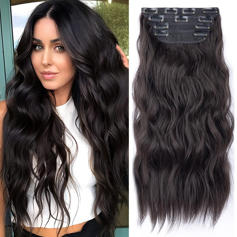 Clip in Synthetic Hair Extensions Long Wavy 4PCS Thick Hairpieces Dark Brown Fiber Double Weft Natural Hair Extensions 20 Inch for Women 4pcs 20Inch 6A