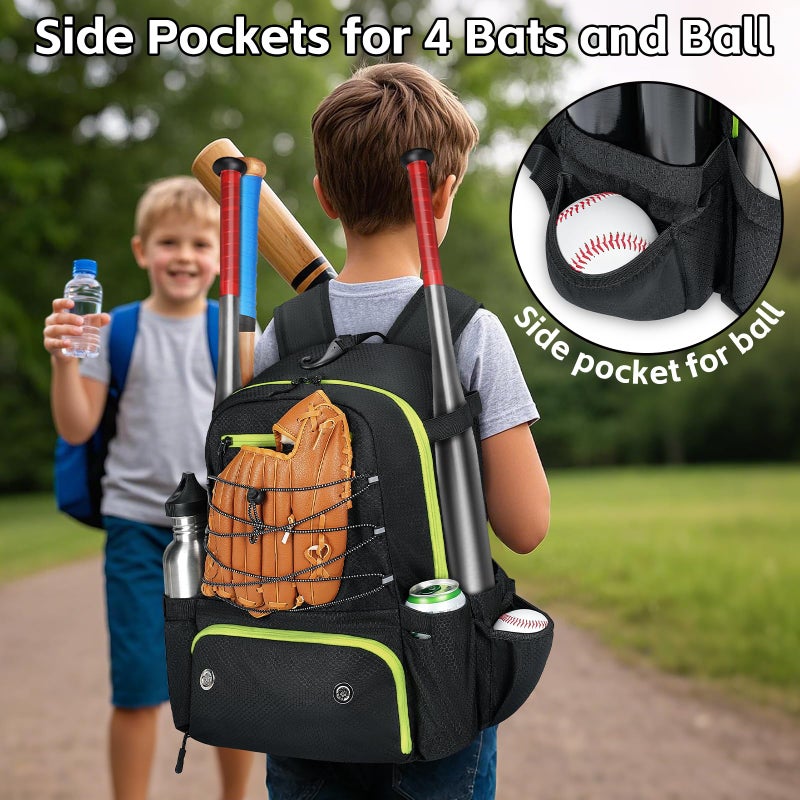 MATEIN Baseball Bat Bag for 4 Bats with Ball Pocket, Lightweight Youth Baseball Backpack with Shoe Compartment, Large Capacity Softball Equipment Bag with Fence Hook for TBall Gear, Helmet,Glove,Black - Image 3