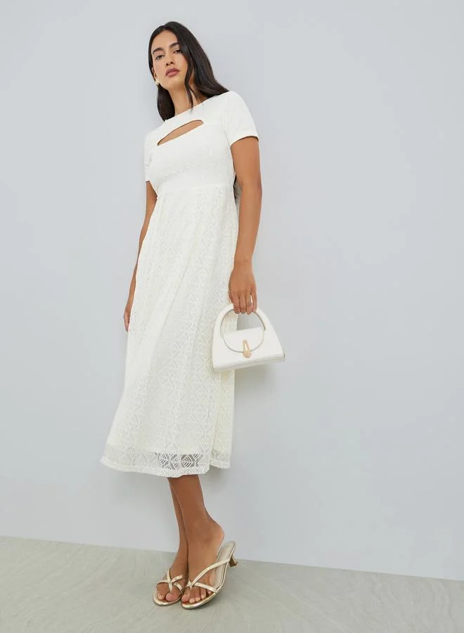 White Lace Overlay Cut-Out Midi Dress