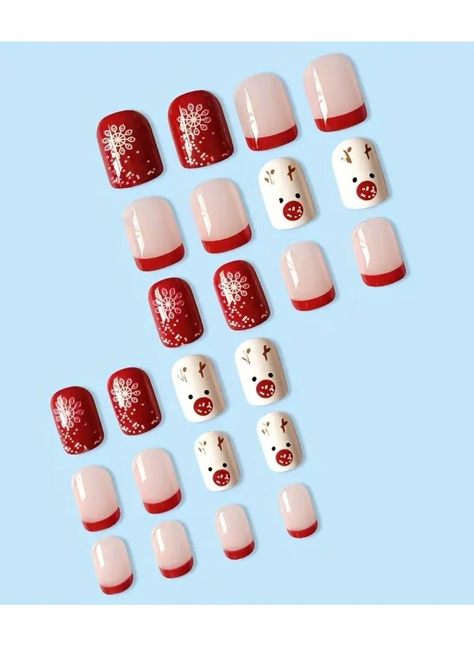 أوريتي 24 قطعة من أظافر الأيل المزيفة بتصميم ندفة الثلج الاحتفالية - مجموعة أظافر جل لطلاء أظافر متألق في العطلات - Image 2