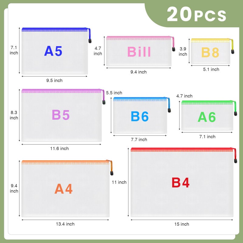 Smarpau 20pcs Mesh Zipper Pouch, 8 Sizes Plastic Zipper Pouches for Organizing, 8 Colors Waterproof Plastic Document Bags for Board Game Storage, Travel, Office Supplies - Image 2
