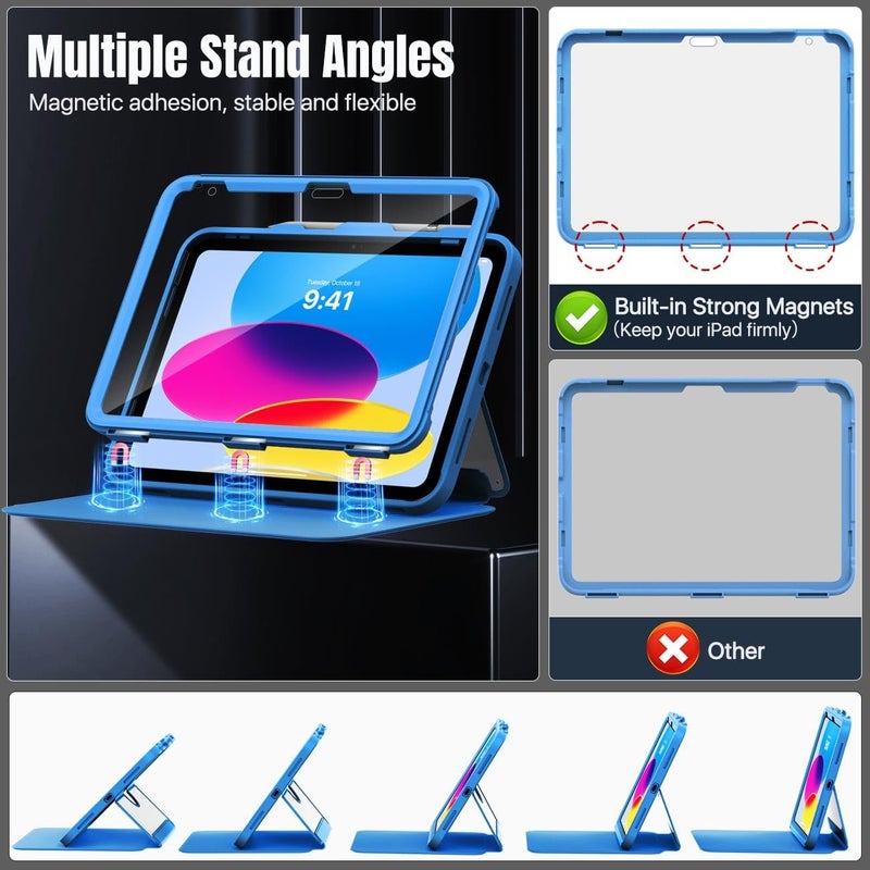 MoKo for iPad 11-inch (A16) 11th Generation Case 2025/ iPad 10th Generation Case with Pencil Holder 2022 10.9 inch, Built-in Screen Protector Clear Back, Multi Angle Viewing Stand, Blue Wave - Image 4