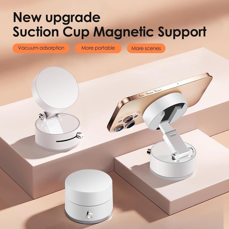 Azonee Vacuum Suction Magnetic Car Phone Holder, Azonee 360° Rotatable & Folding Phone Mount with Strong Grip, Hands-Free Use in Car, Gym, Home, for Magsafe Phones & Android (White, Includes 2 Magnet Rings) - Image 2
