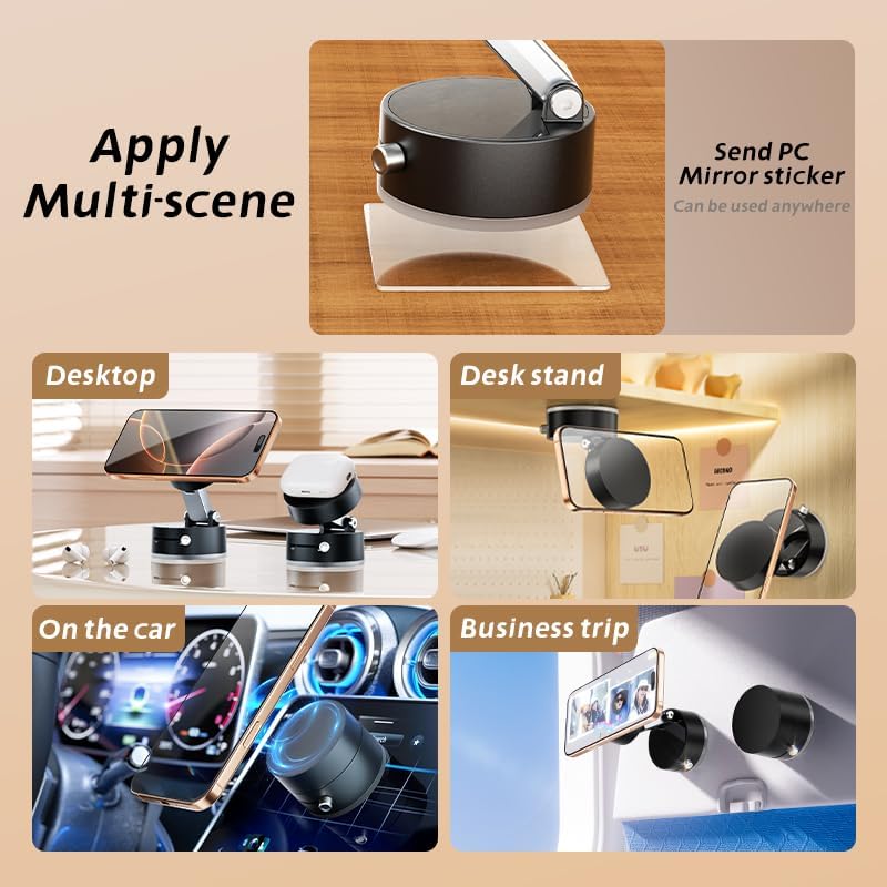 Azonee Vacuum Suction Magnetic Car Phone Holder, Azonee 360° Rotatable & Folding Phone Mount with Strong Grip, Hands-Free Use in Car, Gym, Home, for Magsafe Phones & Android (White, Includes 2 Magnet Rings) - Image 3