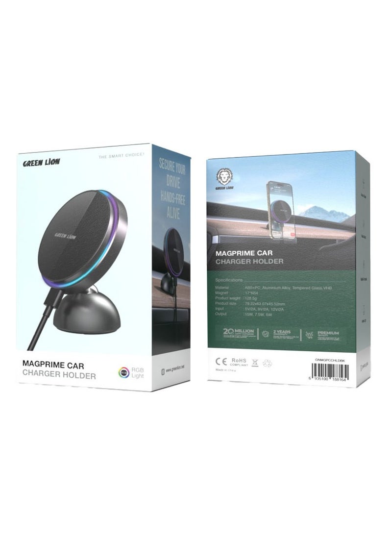 GREEN LION MagPrime Car Charger Holder Magsafe Compatible Secure & Stable Flexible Design RGB Light - Black - Image 3