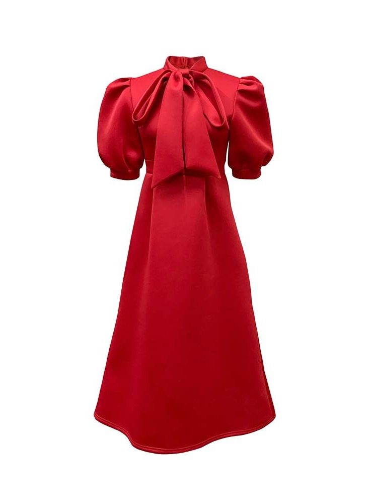 Loquat Women's Large Bow Solid Color Short Sleeve Dress Red  - Image 1