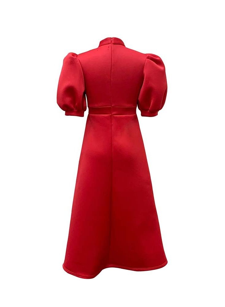 Loquat Women's Large Bow Solid Color Short Sleeve Dress Red  - Image 2
