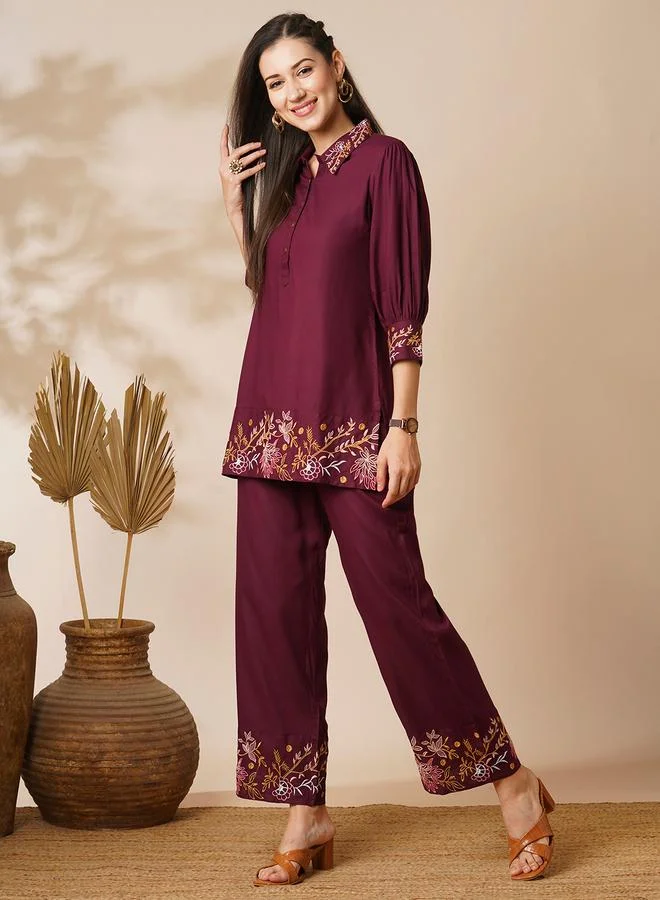 globus Globus Burgundy Embroidered Shirt and Pants Fusion Co-Ords
