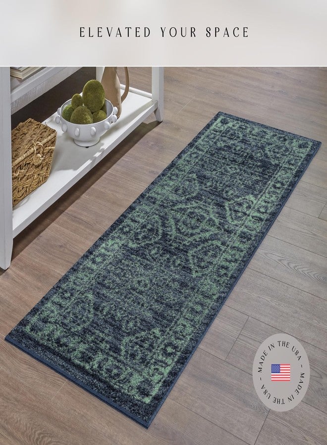 مابلز راغز سجادة جورجينا التقليدية من مابلز روجز - صنع في الولايات المتحدة الأمريكية - سجادة داخلية قابلة للغسل وغير قابلة للانزلاق للممرات والمطابخ وغرف الغسيل، مقاس 1.8 × 5 قدم، لون أزرق داكن/أخضر - Image 2