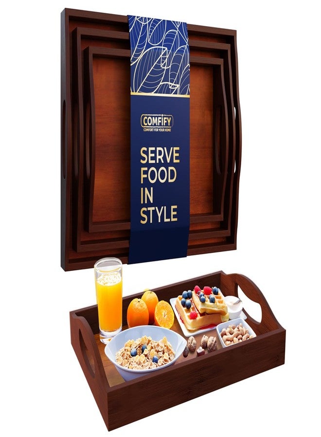 كومفيفي صواني تقديم من الخيزران من كومفيفي - طقم من 3 صواني عثمانية للطعام والضيافة والديكور - لون بني بسيط - Image 1